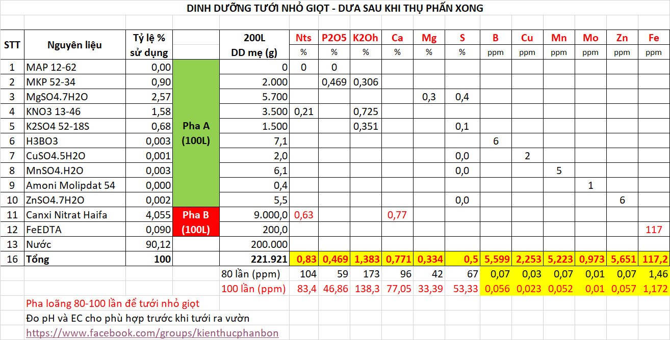 Công thức phân bón tưới nhỏ giọt cho cây dưa lưới - Giai đoạn Dưa sau khi thụ phấn