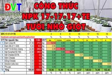 Vui lòng tính giúp tôi công thức NPK 17-17-17+TE ứng dụng trong tưới nhỏ giọt!