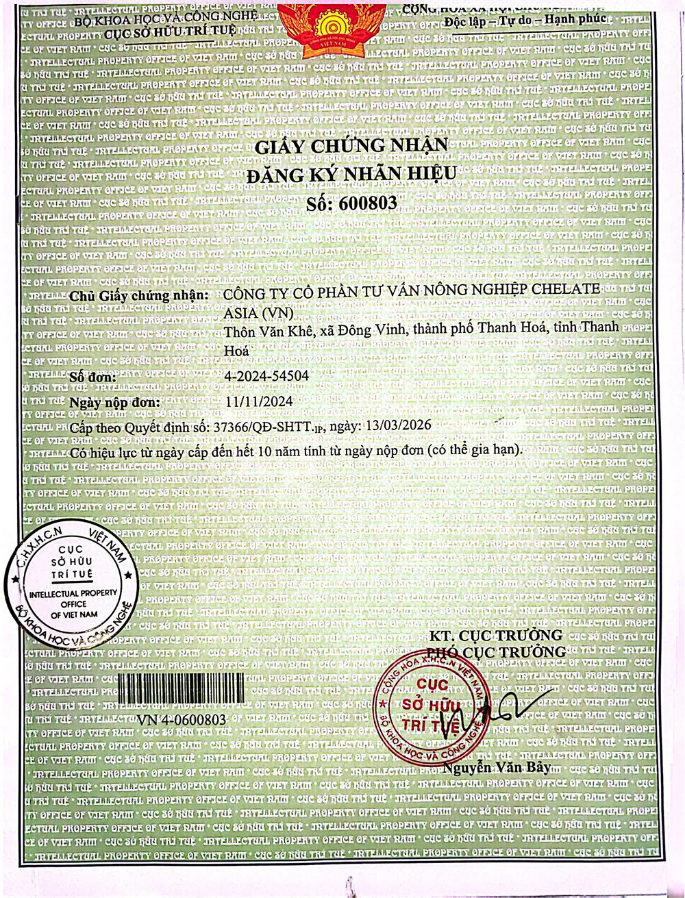 Giấy chứng nhận đăng ký nhãn hiệu số 600803 – Chelate Asia